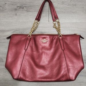 Coach Wine Red Leather Tote with Gold Chains